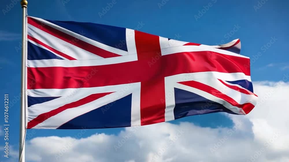 The national flag of the united kingdom, also known as the union jack, is waving proudly in the wind against a cloudy sky.UK flag. The national flag of the united kingdom, also known as the union jack, is waving proudly in the wind against a cloudy sky.UK flag.