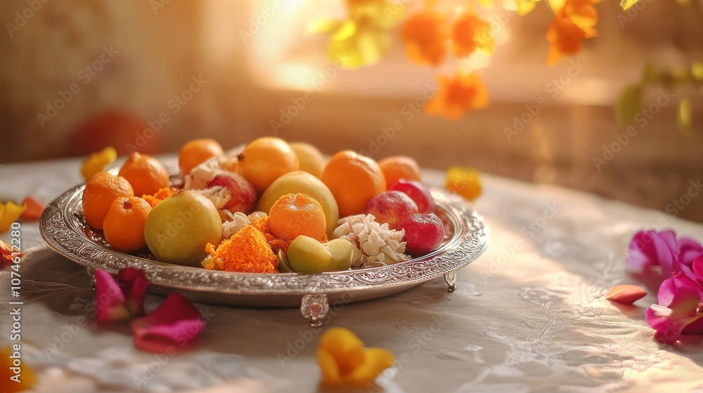 Naklejka premium An empty scene featuring blank mockup template near a silver platter of fresh fruit, ladoos, and small sacred offerings for Guru Nanak Dev Ji, 