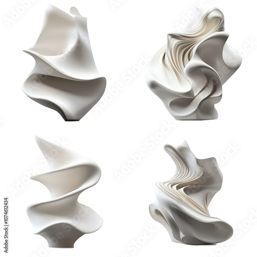 Four different shapes of white ceramic sculptures, abstract sculpture design, on a transparent background