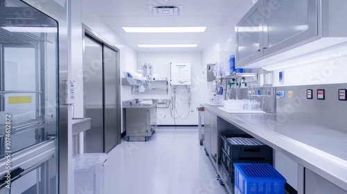 Sterile Lab Environment with Stainless Steel Equipment and Cabinets