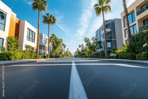 Palm tree-lined street with modern architecture, clear blue sky, sunny day