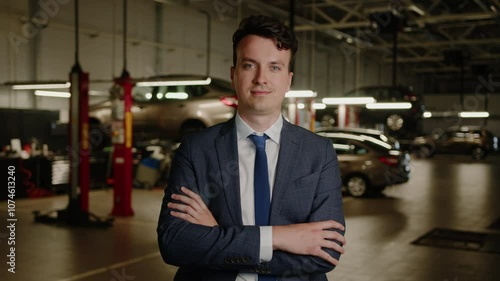 A successful male car dealership manager in a suit stands against the background of a service station . Professional repair of branded cars photo