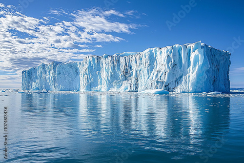 Majestic glacier floating in clear blue waters under sunny skies