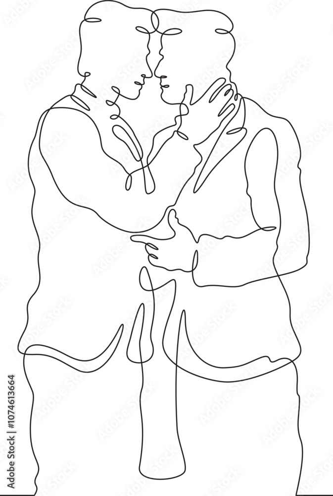 Continuous one line drawing gay couple in love. Homosexuals hugging. Lovers.One continuous line isolated minimal vertical illustration.Not AI. Continuous one line drawing gay couple in love. Homosexuals hugging. Lovers.One continuous line isolated minimal vertical illustration.Not AI.