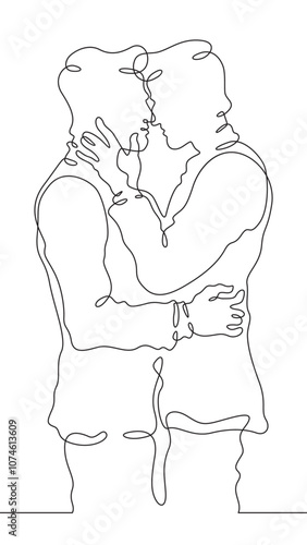 Continuous one line drawing gay couple in love. Homosexuals hugging. Lovers.One continuous line isolated minimal vertical illustration.Not AI.