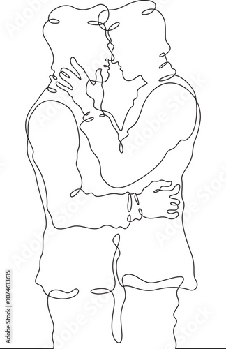 Continuous one line drawing gay couple in love. Homosexuals hugging. Lovers.One continuous line isolated minimal vertical illustration.Not AI.