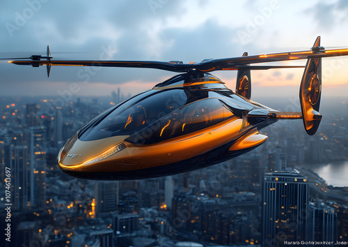 Futuristic e-VTOL helicopter with four propeller blades flying in the sky, representing innovation in urban air mobility
 photo