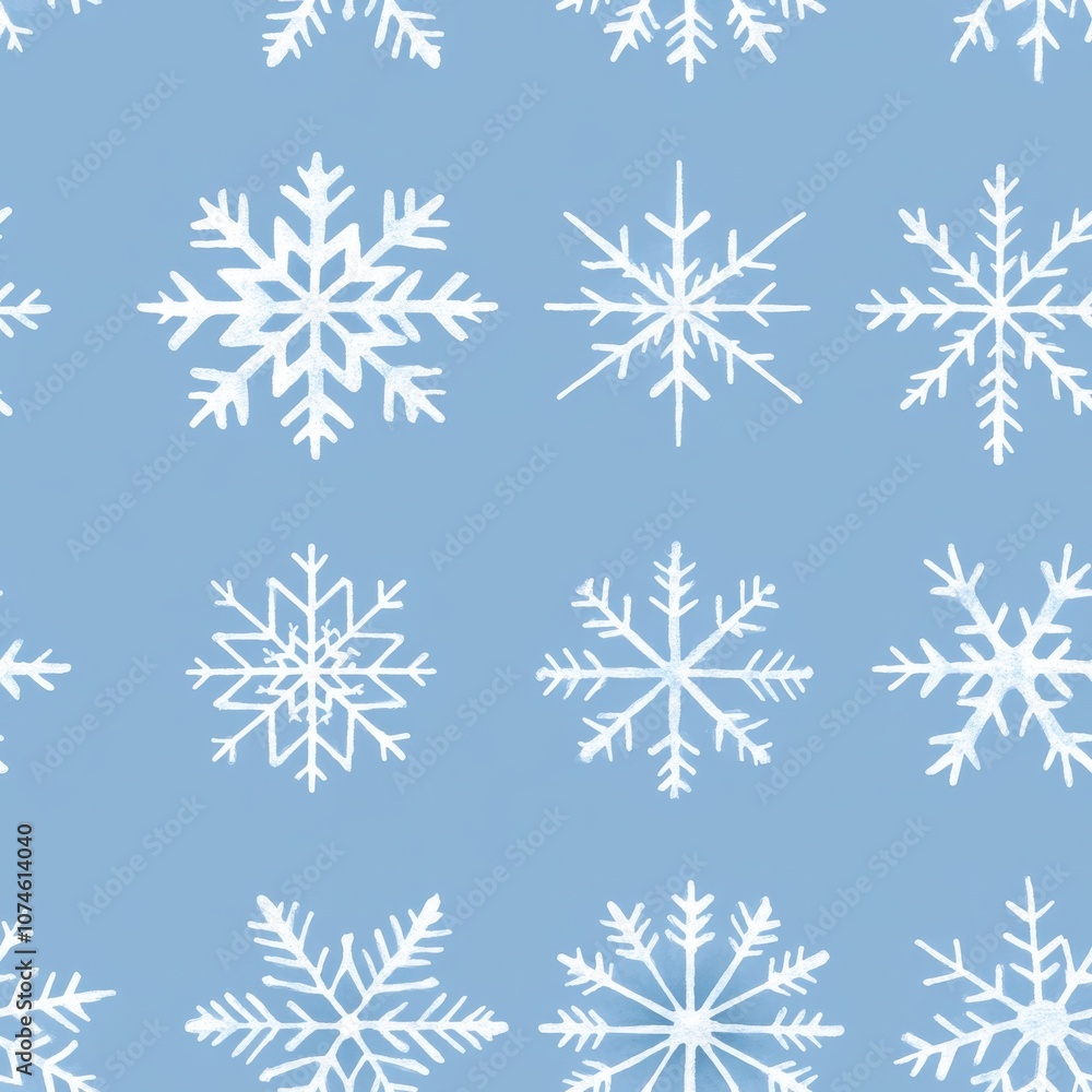 A soft blue background decorated with various white snowflakes, creating a festive winter pattern. A soft blue background decorated with various white snowflakes, creating a festive winter pattern.
