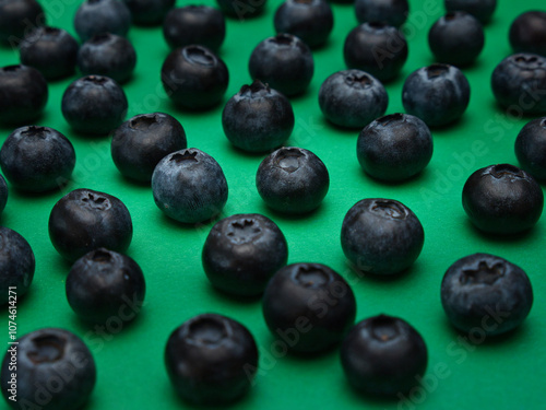 Individual blueberries on a green background are spaced apart in lines