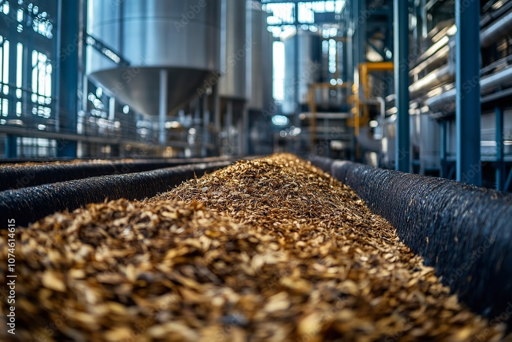 Close-up of a bioenergy facility featuring large silos holding biomass feedstock like agricultural residues and organic waste, ready for conversion into renewable energy—a sustainable energy source. Close-up of a bioenergy facility featuring large silos holding biomass feedstock like agricultural residues and organic waste, ready for conversion into renewable energy—a sustainable energy source.