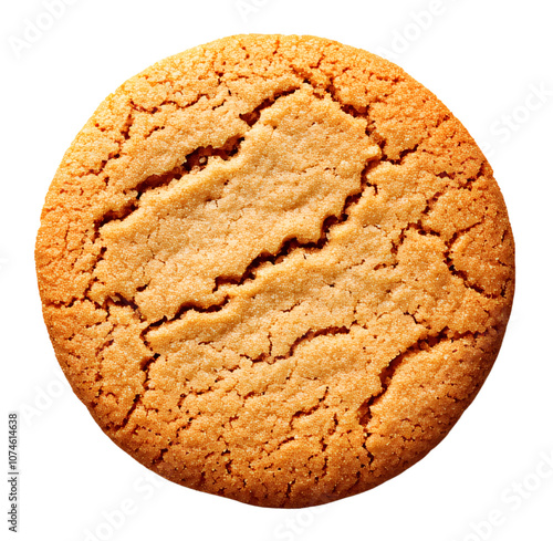 A close-up of a single, round, golden brown cookie. The cookie has a slightly cracked surface.