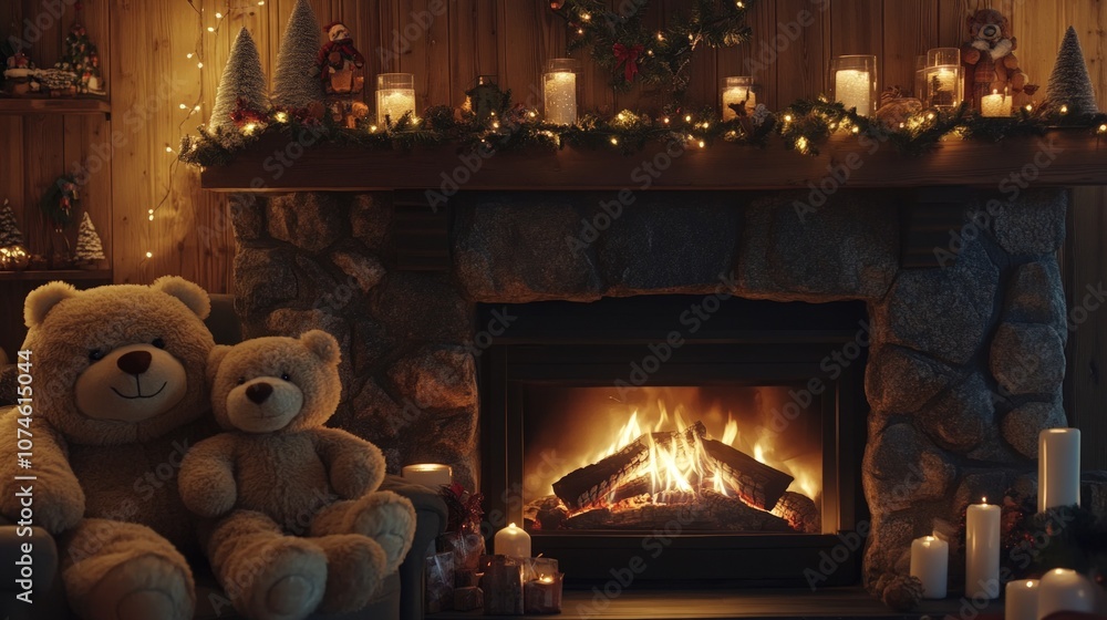 Cozy winter evening with fireplace and plush teddy bears in festive decor. Cozy winter evening with fireplace and plush teddy bears in festive decor.