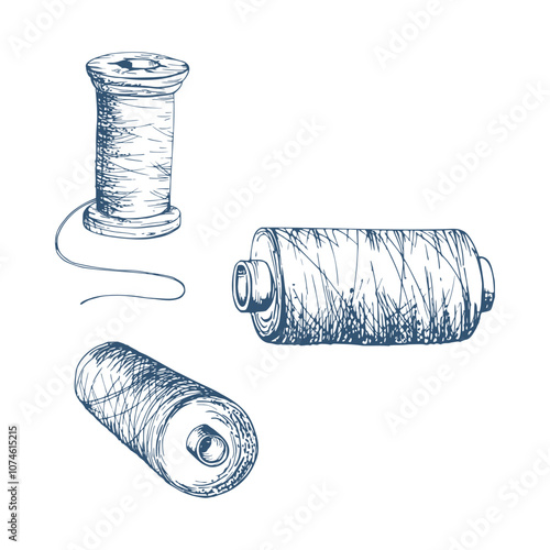 Indigo thread bobbins spools skeins yarn, sewing craft embroidery stitching supplies. Hand drawn ink vector illustration. Objects set isolated on white background. Design atelier, tailor, hobby shop