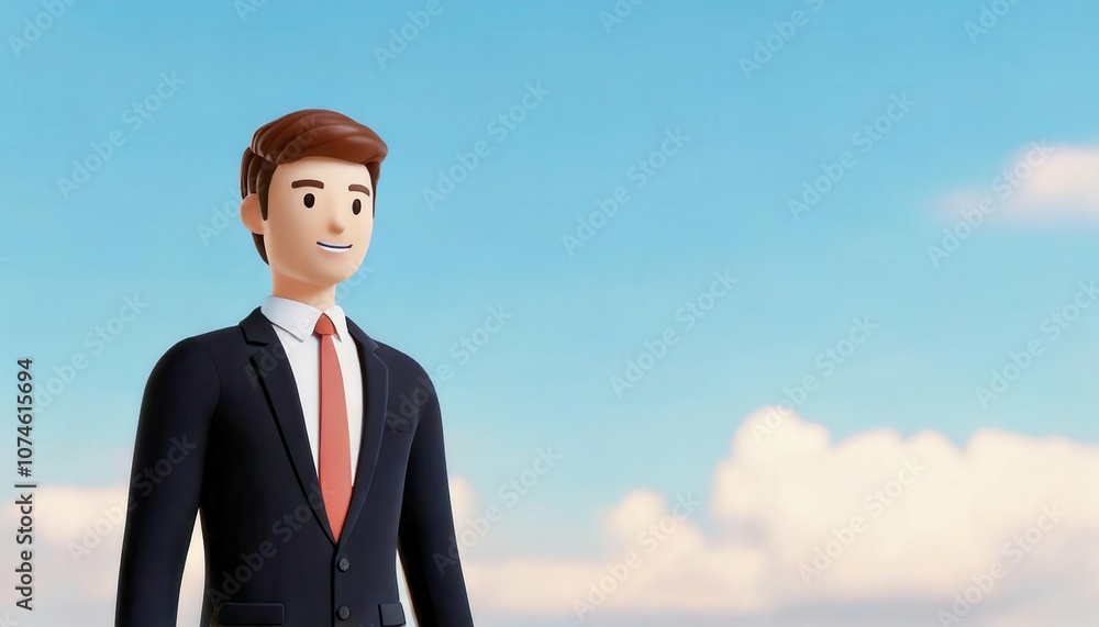 A stylized animated character in a suit stands against a clear blue sky, embodying confidence and professionalism. A stylized animated character in a suit stands against a clear blue sky, embodying confidence and professionalism.