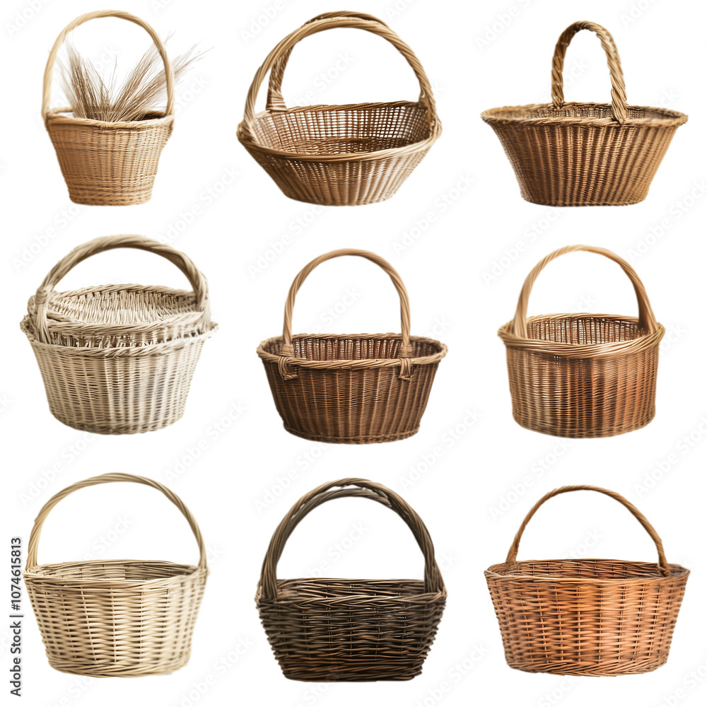 A set of empty baskets for carrying food or goods, arranged in various shapes and sizes against a transparent background A set of empty baskets for carrying food or goods, arranged in various shapes and sizes against a transparent background