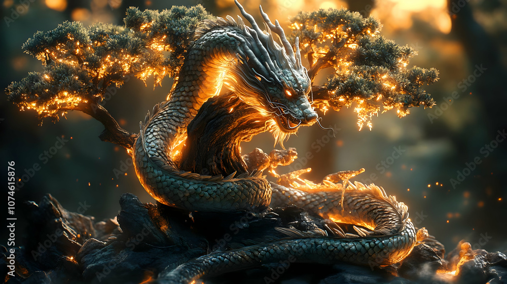 Fiery Dragon in a Glowing Tree Illustration Fiery Dragon in a Glowing Tree Illustration