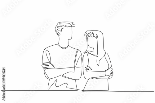 Single one line drawing man and woman in casual clothes look at each other. Love language from eye contact. Understanding each other. National Spouses Day. Continuous line design graphic illustration