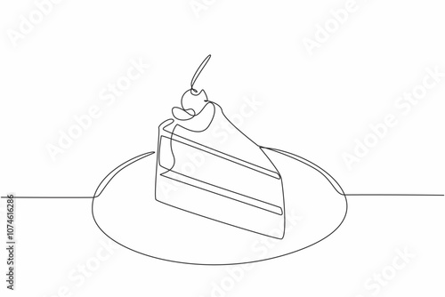 Single continuous line drawing slices of chocolate cake topped with cream and cherry. A very delicious chocolate dish. Celebration. National Chocolate Cake Day. One line design vector illustration