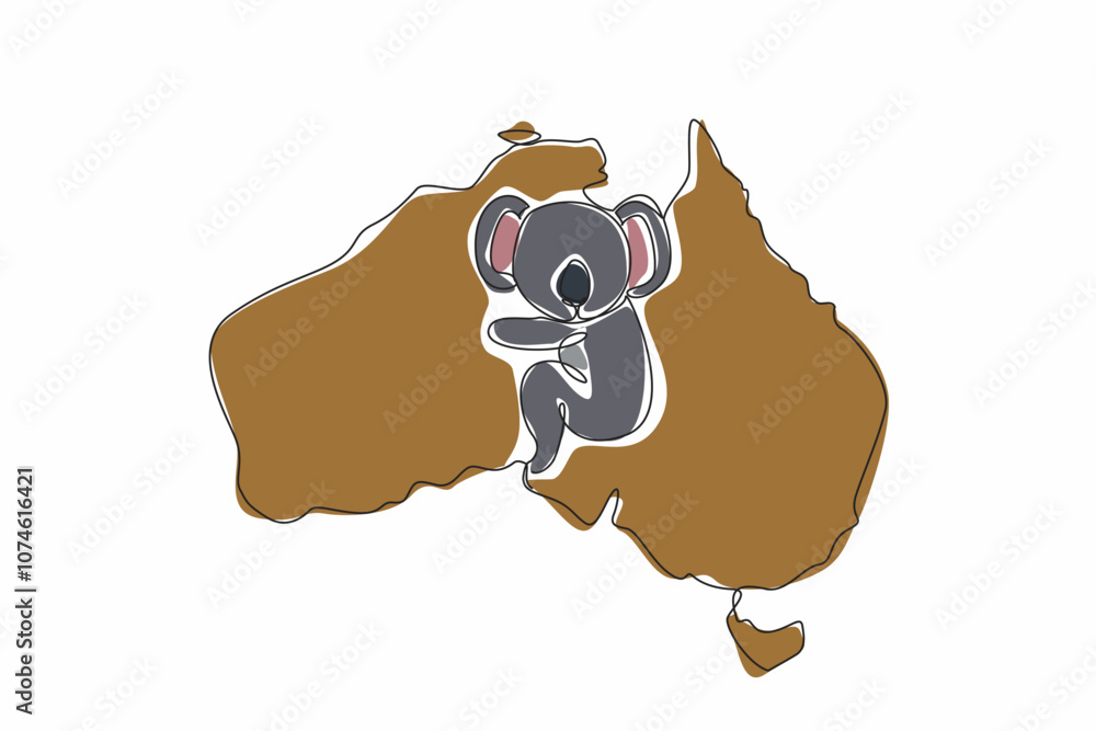 Single one line drawing koala animal in middle of map of the Australian ...