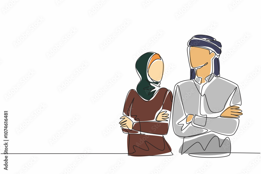 Continuous one line drawing young Arabian man and woman couple looking at each other. Blush. Smile then get nervous. Sweetheart. National Spouses Day. Single line draw design vector illustration