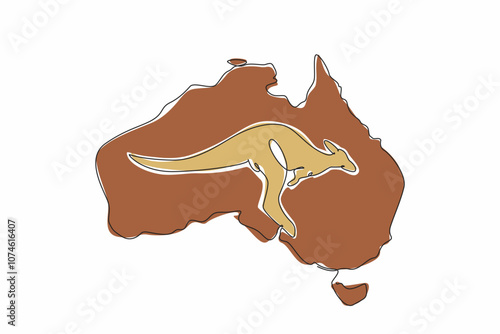 Single continuous line drawing kangaroo in the middle of the map of the Australian continent. A marsupial that can jump very far. Signature animals. Australia Day. One line design vector illustration