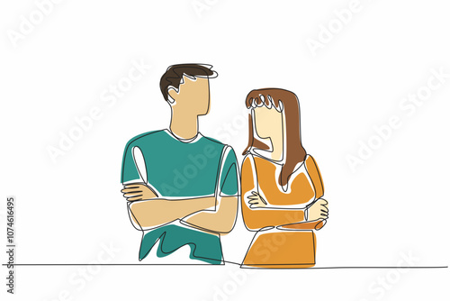 Single one line drawing man and woman in casual clothes look at each other. Love language from eye contact. Understanding each other. National Spouses Day. Continuous line design graphic illustration