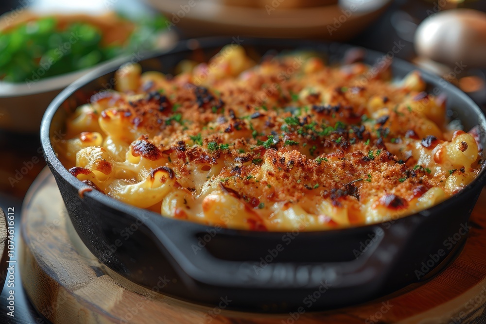 Close-up of Creamy Macaroni and Cheese with Crispy Topping in Cast Iron Dish Close-up of Creamy Macaroni and Cheese with Crispy Topping in Cast Iron Dish