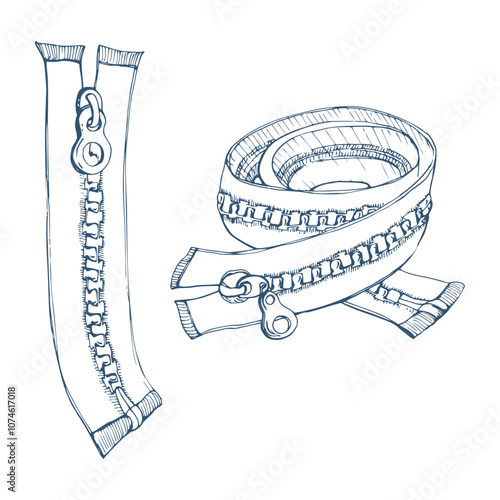 Clothing blue zippers clasp fabric fly fasteners, sewing craft seamstress supplies tools. Hand drawn ink vector illustration. Set of objects isolated on white background. Atelier, tailor, hobby shop