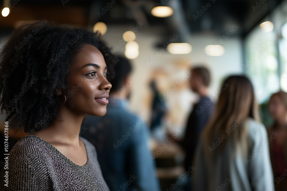 African American Young Woman Looking Thoughtfully in Busy Social Gathering, Casual Indoor Setting. African American Young Woman Looking Thoughtfully in Busy Social Gathering, Casual Indoor Setting.