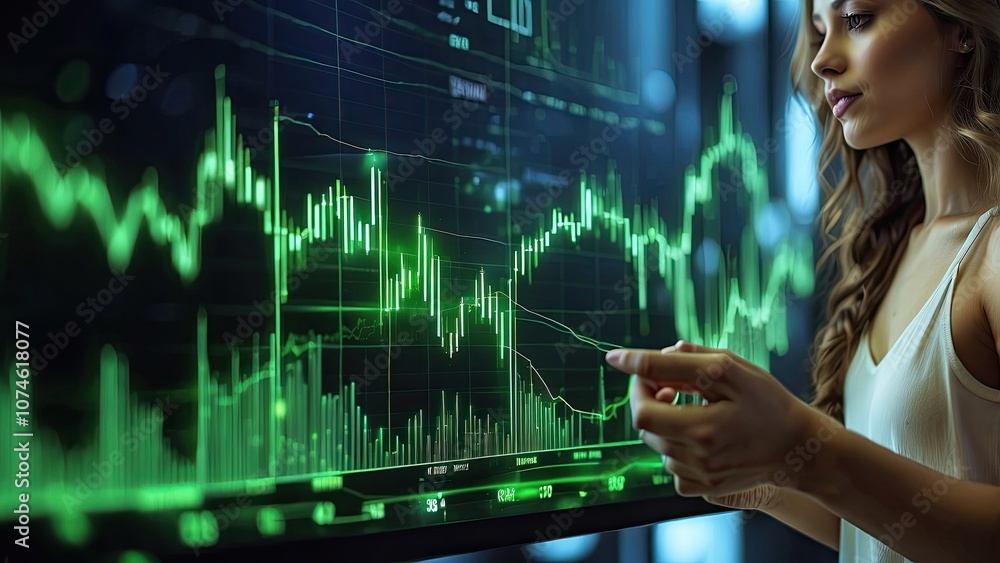 On a glow green digital technology blur light line banner, a woman's hand holds a plant and a candlestick graph of the trade market stock and price index number. On a glow green digital technology blur light line banner, a woman's hand holds a plant and a candlestick graph of the trade market stock and price index number.