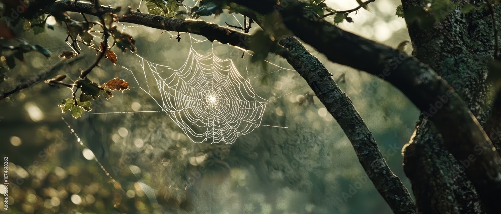 spider web caught in morning dew amidst nature tranquility spider web caught in morning dew amidst nature tranquility