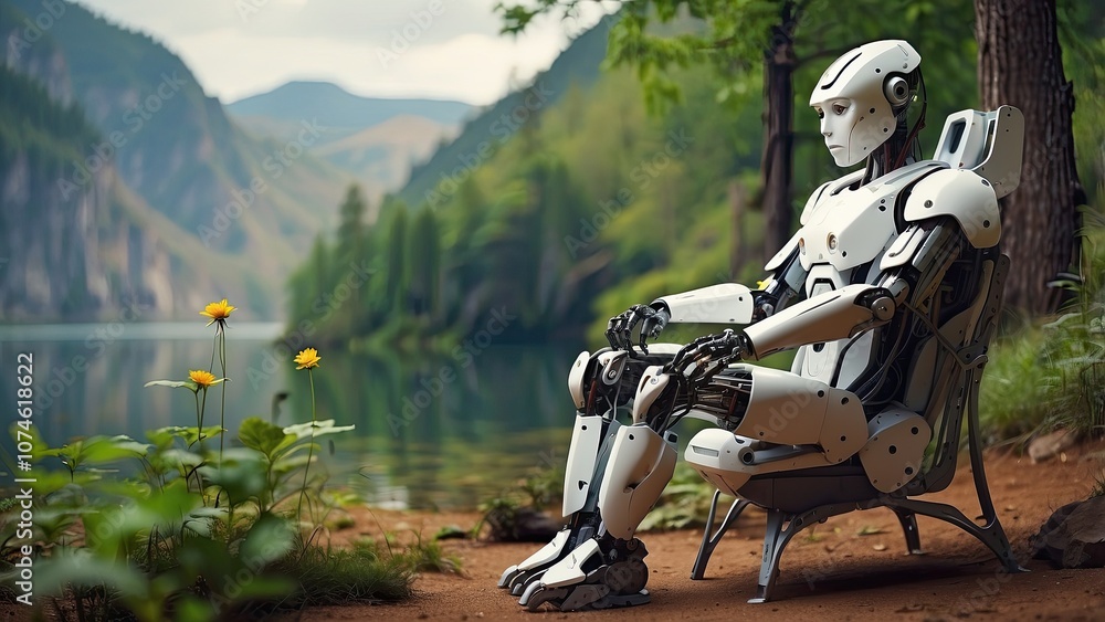 The robot is in nature, sitting in a chair The robot is in nature, sitting in a chair