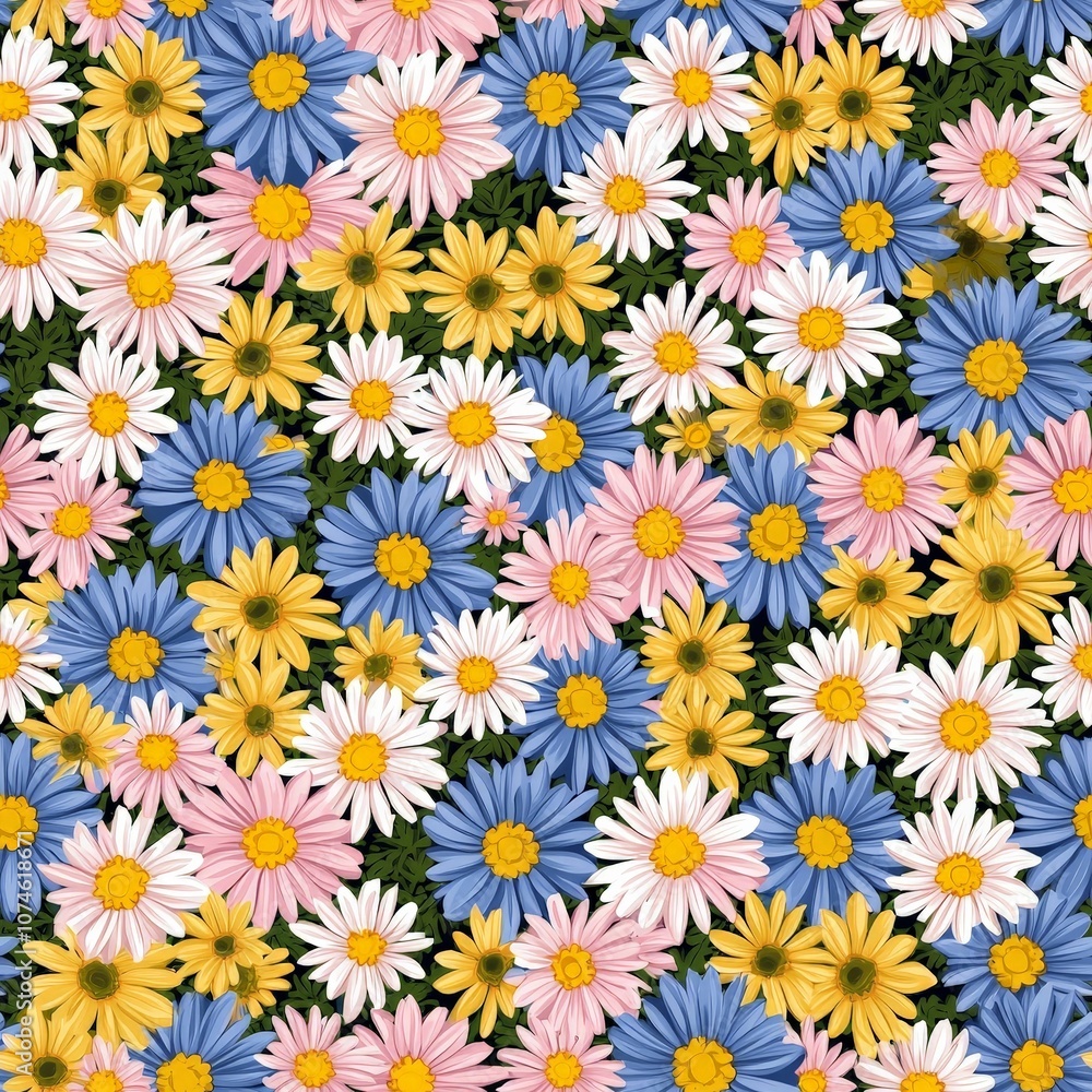 A vibrant display of colorful flowers, including daisies in pink, blue, yellow, and white, creating a cheerful and floral-rich pattern. A vibrant display of colorful flowers, including daisies in pink, blue, yellow, and white, creating a cheerful and floral-rich pattern.