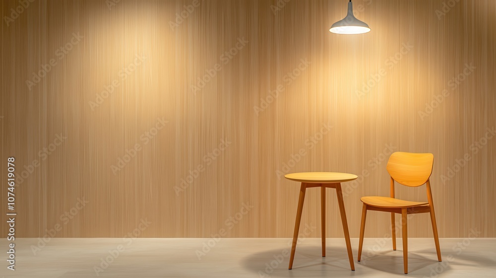 Beautiful wooden wall with table and chairs and lamp with copy space Beautiful wooden wall with table and chairs and lamp with copy space