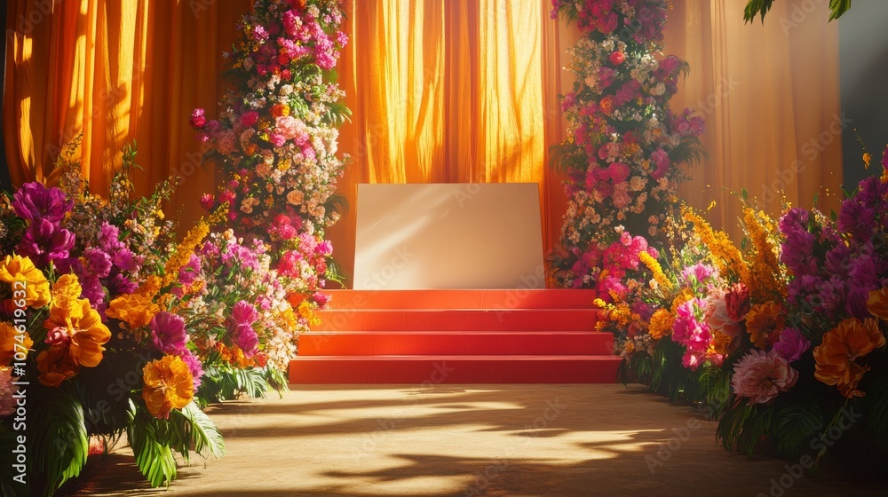 An empty scene featuring blank mockup template on a colorful stage decorated with large floral arrangements, An empty scene featuring blank mockup template on a colorful stage decorated with large floral arrangements,