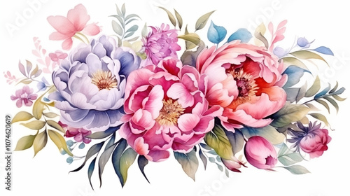 Isolated watercolor bouquet of flowers with colorful pink,lilac peonies on a white background.Separate festive plant object for congratulations and invitations, printing on cards photo