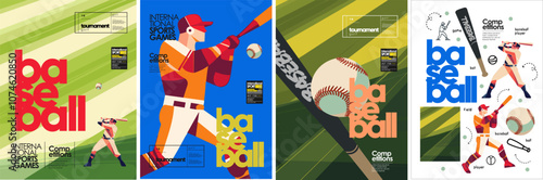 Baseball. Vector abstract illustration of sport baseball player, field, bat, ball, objects and icons for poster, background, ticket or flyer