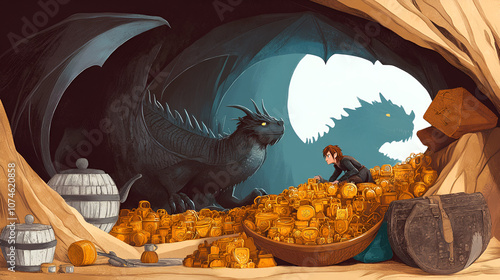 A captivating image of bilbo baggins sneaking through smaug s treasure filled lair the dragon s silhouette looming in the background unaware of the intruder. Dragon's Lair. Illustration photo