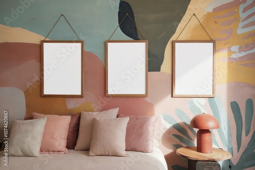 Wooden picture frames with blank white paper above a bed with pastel pillows and terracotta lamp, illuminated by natural light