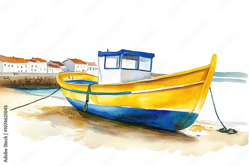 Naklejka premium Watercolor illustration of some colorful fishing boats at the pier with their reflections in the emerald sea water 