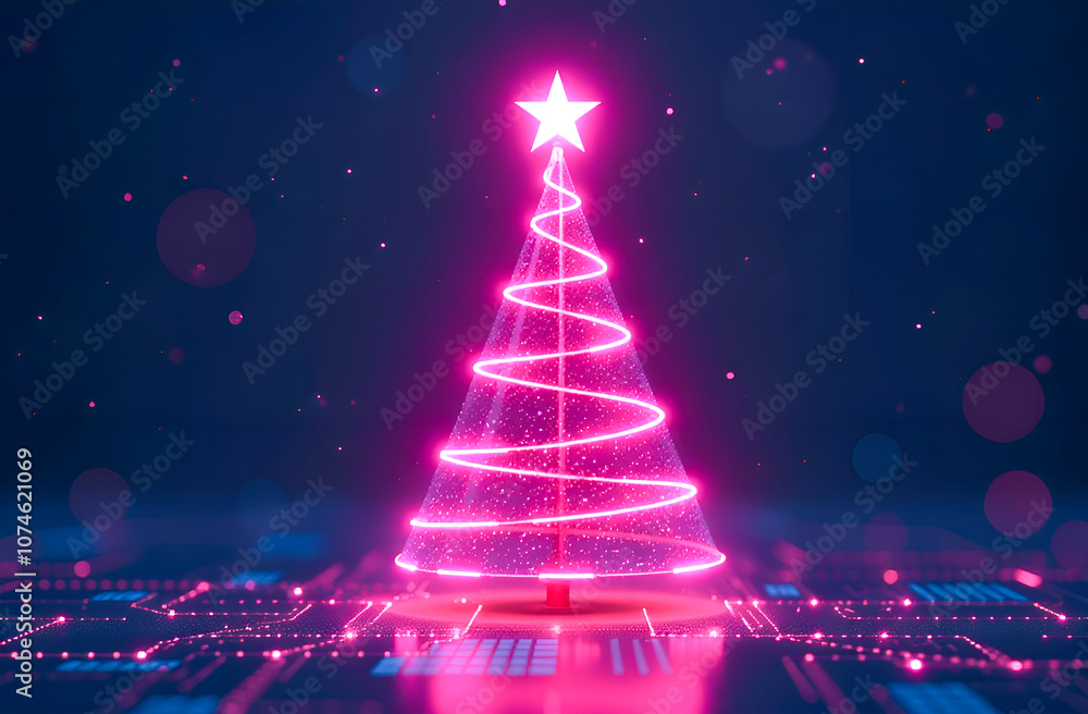 glowing pink digital Christmas tree with star on top technology circuit background glowing pink digital Christmas tree with star on top technology circuit background