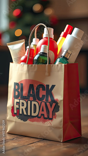 Shopping bag filled with beauty and personal care products during Black Friday sales event