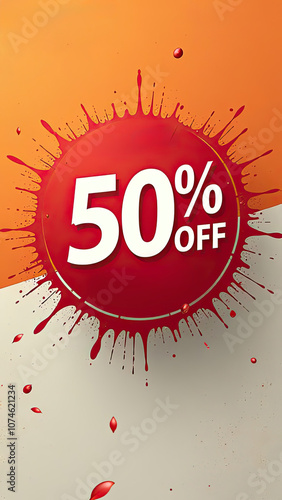 Promotional discount graphic showcasing 50 percent off on sale items against a vibrant background