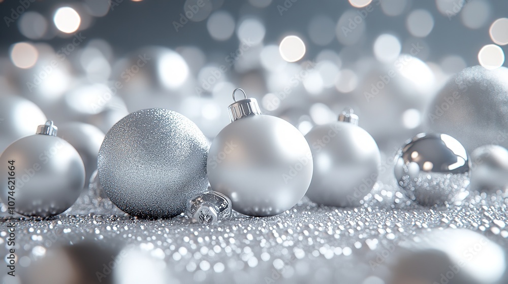 3D Rendered Christmas Scene with White and Silver Background, Ornaments, and Festive Decor 3D Rendered Christmas Scene with White and Silver Background, Ornaments, and Festive Decor