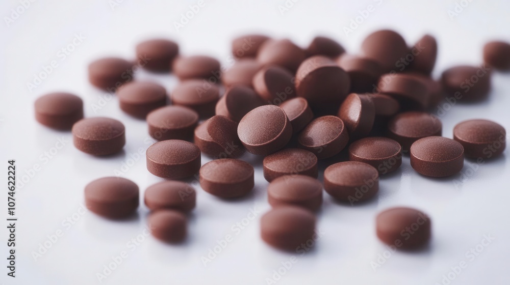A close-up view of brown tablets scattered on a white surface, emphasizing their smooth texture and round shape. A close-up view of brown tablets scattered on a white surface, emphasizing their smooth texture and round shape.