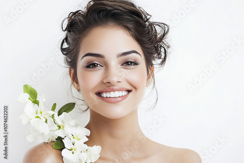 Young beautiful indian woman holding white flower in hand