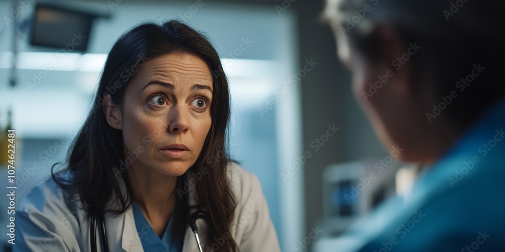 A concerned female doctor engages with a patient in a medical setting. The image captures emotion and intensity in the consultation. It highlights healthcare and compassion. AI A concerned female doctor engages with a patient in a medical setting. The image captures emotion and intensity in the consultation. It highlights healthcare and compassion. AI