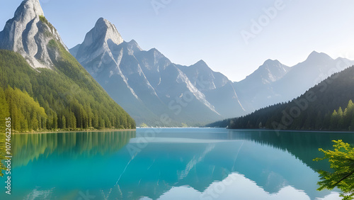 Scenic image of fairy-tale Mountain lake under sunlit. Amazing Nature Landscape. Wonderful sunny morning. Beautiful scenery of the majestic Fusine lakeside in Julian Alps. Perfect natural background