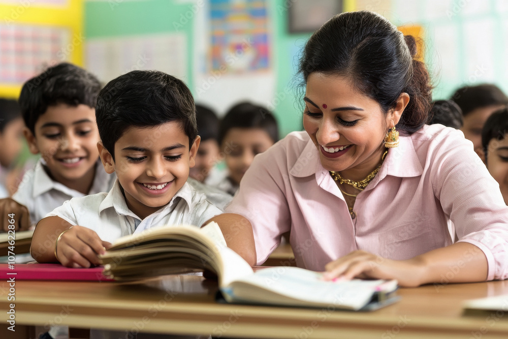 Indian teacher is helping a boy student in the classroom, with smiling and happy students sitting at their desks reading books. Indian teacher is helping a boy student in the classroom, with smiling and happy students sitting at their desks reading books.