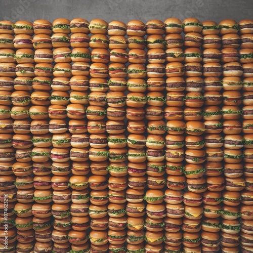 A vibrant wall constructed entirely of stacked hamburgers, showcasing an array of colorful toppings, buns, and patties, creating an eye-catching and delicious visual spectacle.